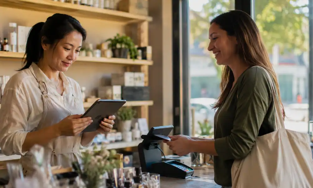 Small business owner reviewing customer retention strategies on a tablet while a returning customer checks out at the counter.