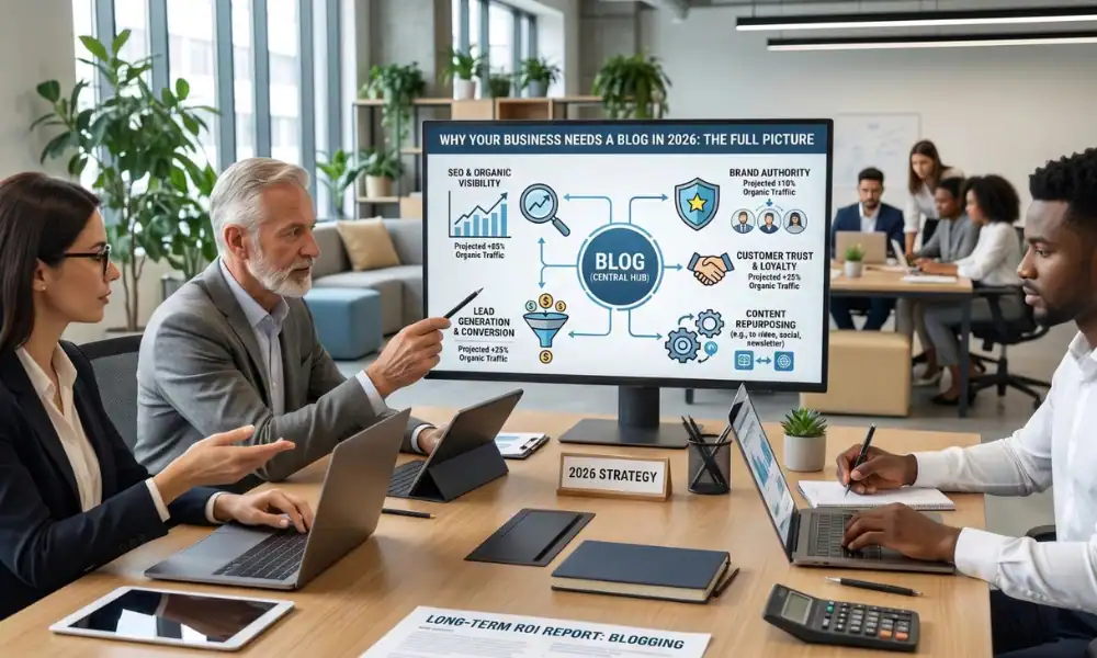 Why your business needs a blog in 2026 - marketing team reviewing a blog strategy diagram showing SEO, brand authority, customer trust, and lead generation as key growth areas