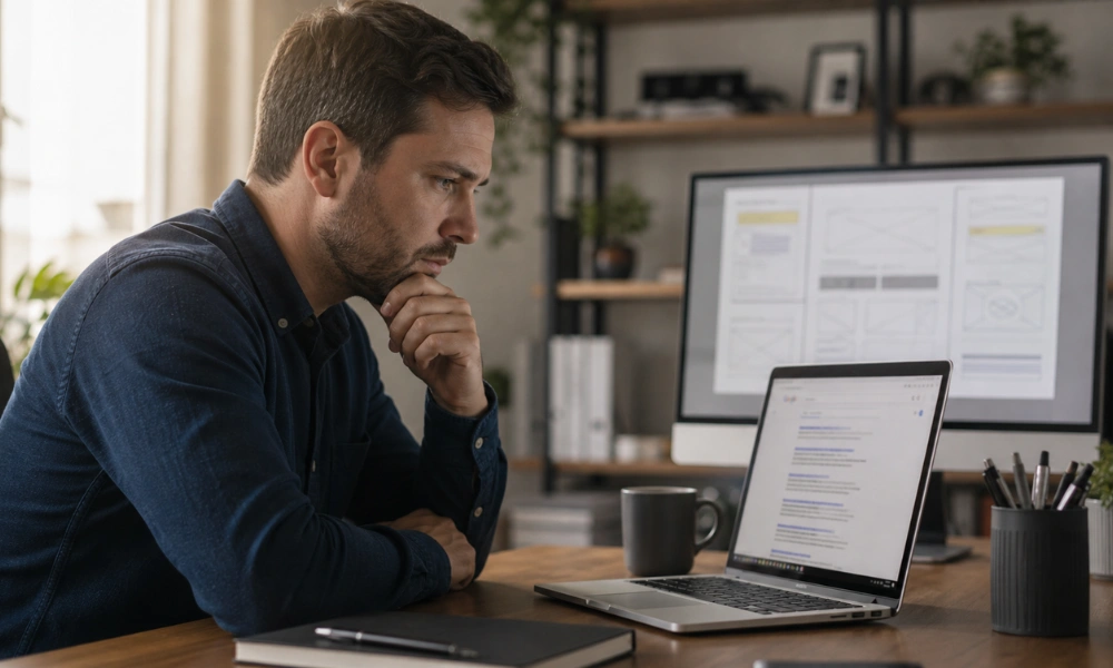 A small business owner at a laptop investigating how website design affect SEO after their site stopped appearing on Google's first page.