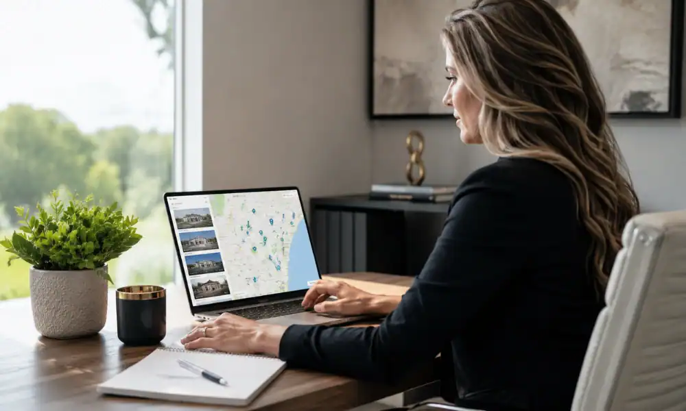 A real estate agent reviewing their Google Business Profile on a laptop to improve local search visibility for real estate clients.
