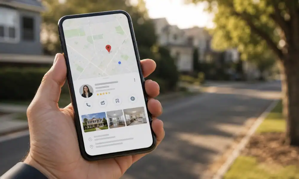 A hand holding a phone showing a Google Maps local search result, representing how local SEO for real estate agents determines visibility in nearby searches.