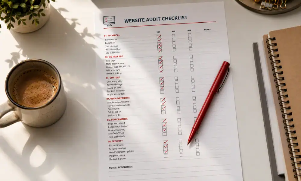 A printed on-page SEO checklist on a desk with items being ticked off, representing a website audit process for small businesses.