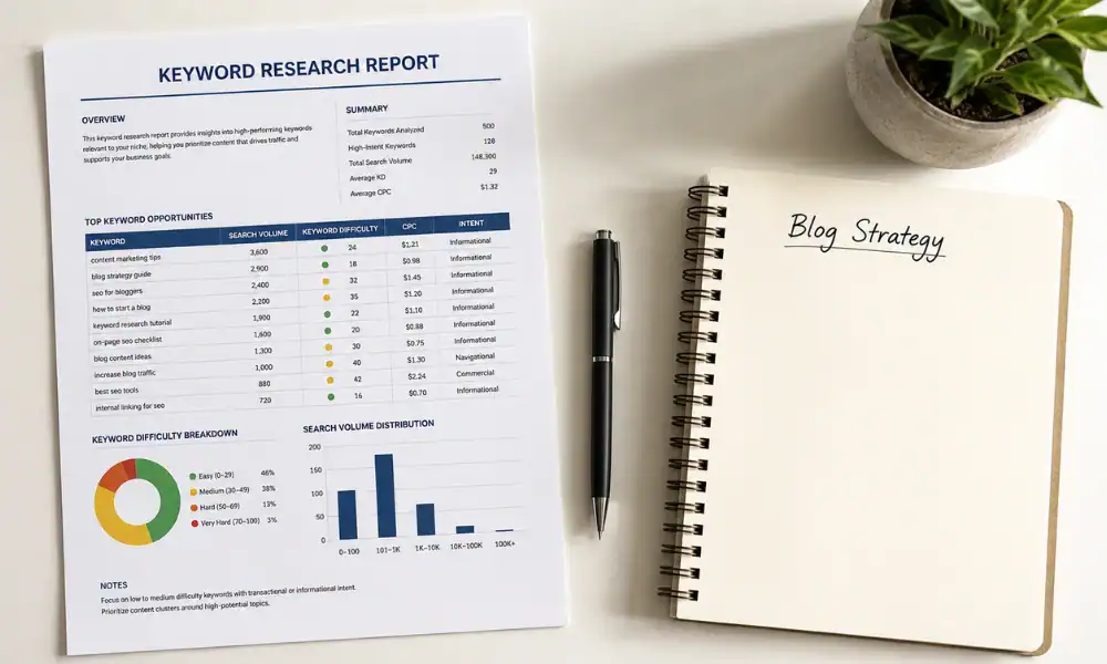 A flat lay desk with a keyword research report and notebook representing the planning behind real estate blog posts for SEO.