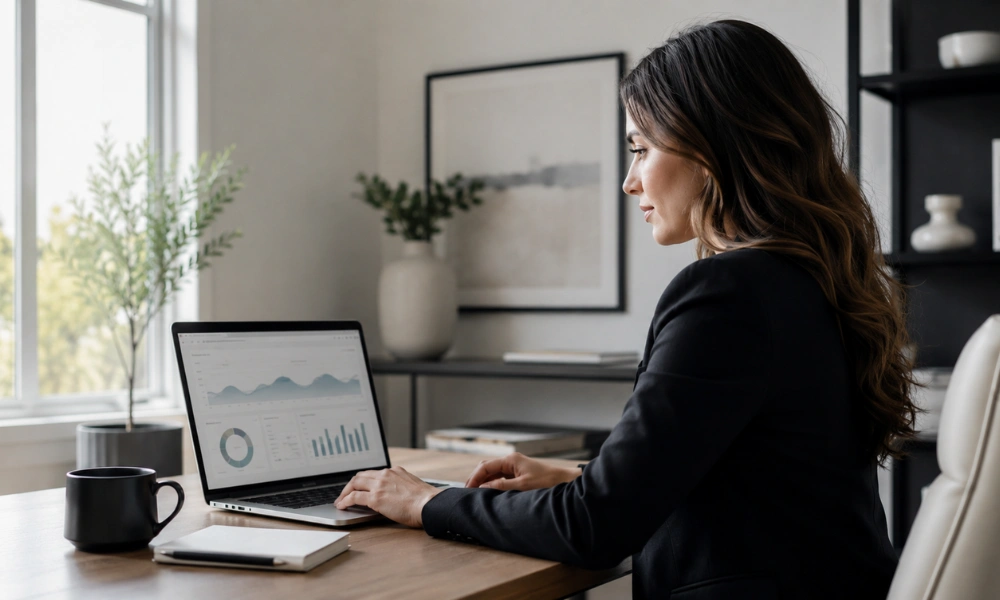 A real estate agent reviewing website SEO analytics on a laptop, representing the process of SEO for real estate agents.