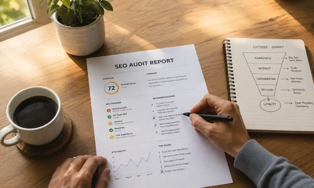 A small business owner reviewing an SEO audit report at a desk, representing the planning process behind SEO for small businesses.