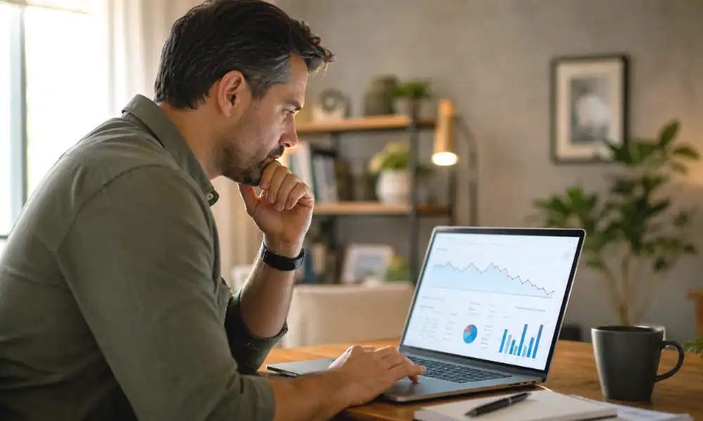 A business owner looking at a laptop screen showing website traffic dropping in 2026 on a Google Analytics dashboard with a downward trend line.