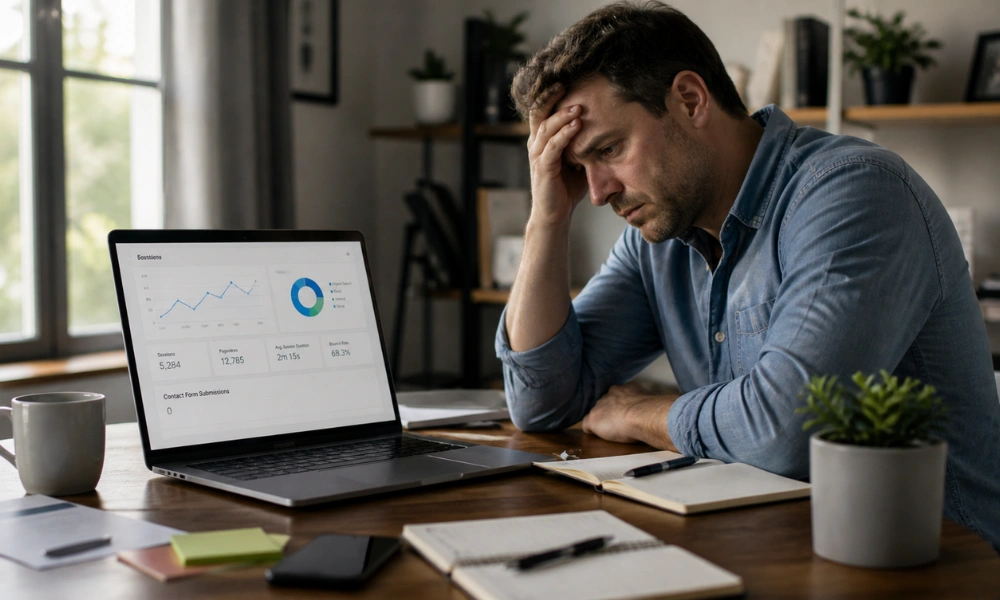 A small business owner reviewing website analytics, illustrating why small business websites don't generate leads despite consistent traffic.