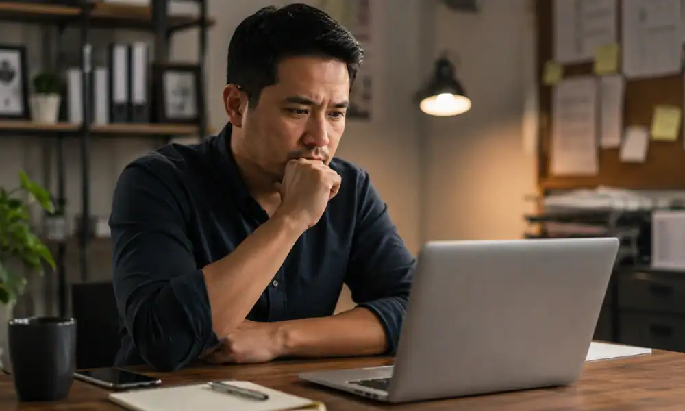 A small business owner at a laptop seeing competitor results on Google, representing the problem of a business not showing up on Google search.