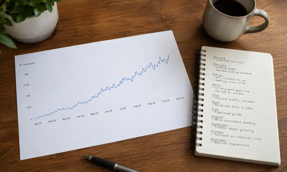 A flat lay desk with a Search Console impressions graph and notebook illustrating how long SEO takes to work for a small business.