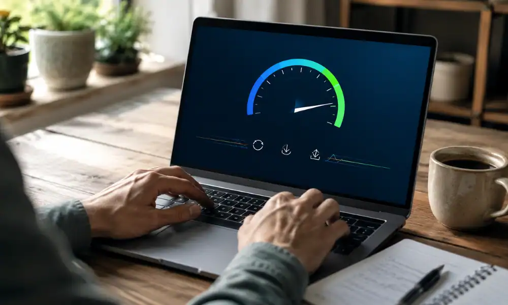 Small business owner checking a website speed test as part of technical SEO for small business.
