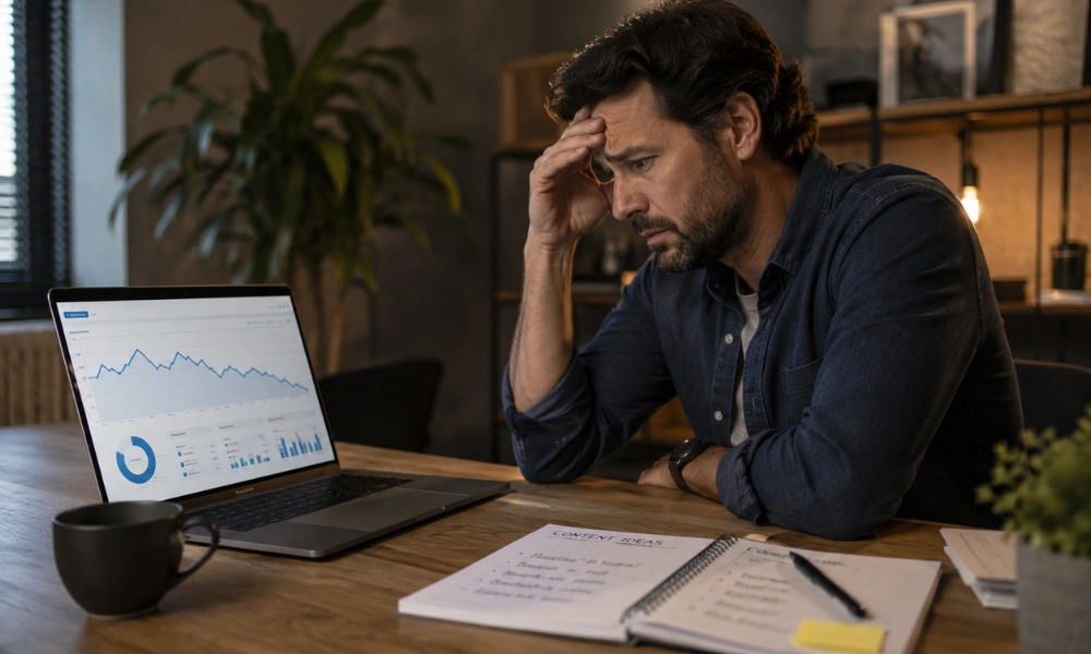 A business owner reviewing a flat traffic graph, illustrating why more blog posts alone won't improve Google rankings.