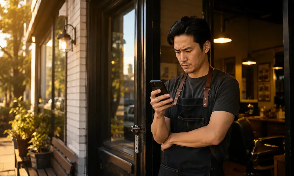 Small business owner checking their phone outside their shop after their business doesn't show up in near me searches