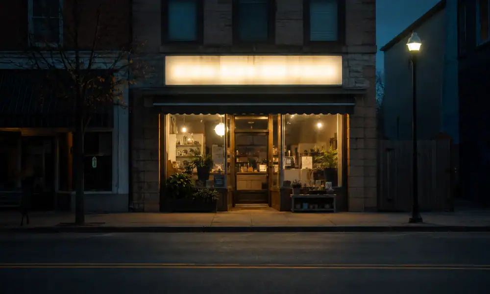 A quiet storefront at dusk representing a business not showing up online despite having a website
