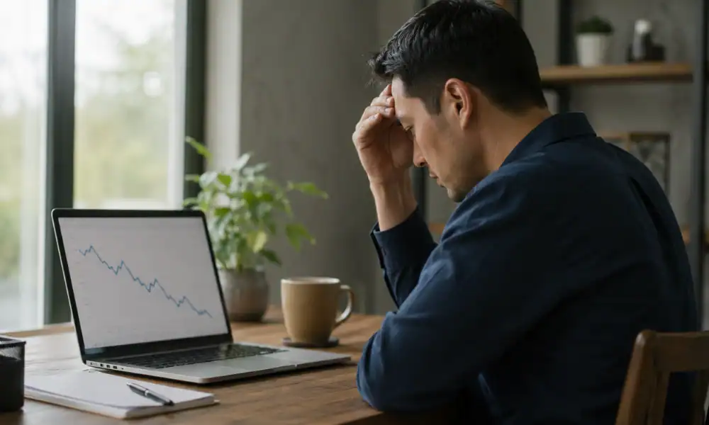 Small business owner reviewing a website ranking drop after 90 days on an analytics dashboard.