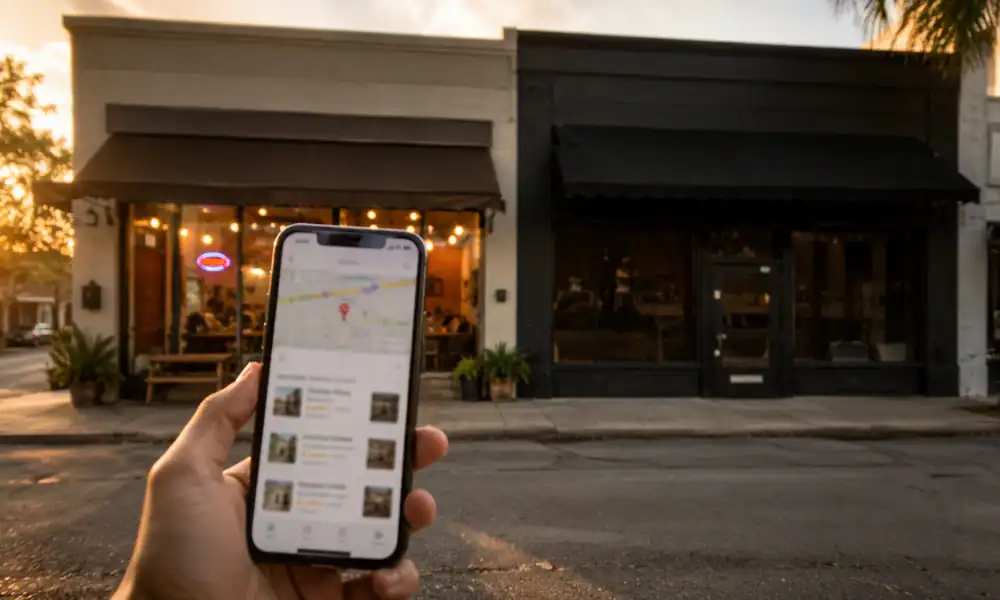 Two business storefronts side by side with a phone showing Google Maps results, illustrating why competitors rank higher on Google than businesses that haven't optimized their presence.