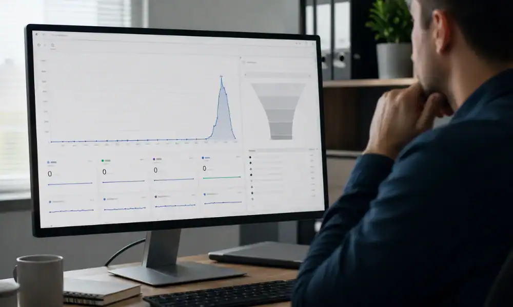 Business owner reviewing blog traffic data with no client conversions on an analytics dashboard