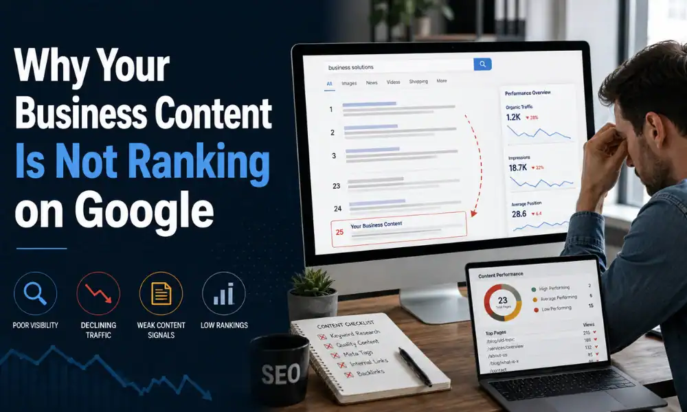 Business owner reviewing a content calendar and flat analytics graph showing business content not ranking in Google