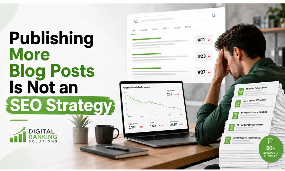 A flat lay of a blank content calendar and flat analytics graph, illustrating why writing more blog posts won't fix Google rankings without a proper strategy.