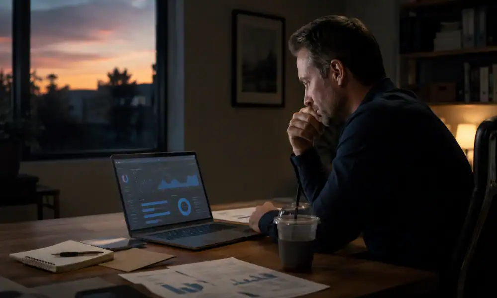 A business owner reviewing flat website analytics, illustrating why SEO content writing for business matters more than publishing alone.