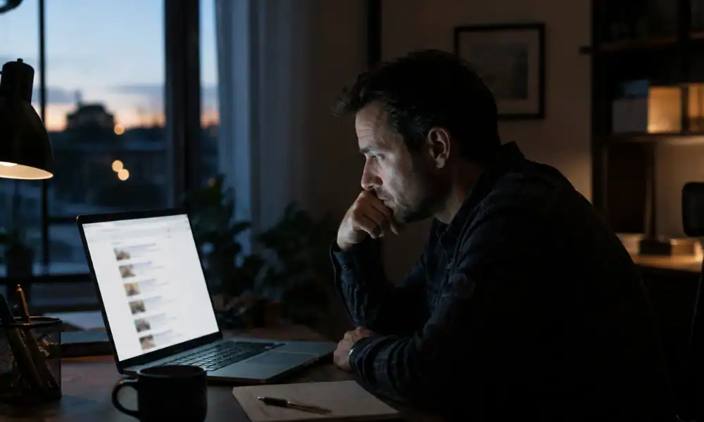 A business owner reviewing Google search results on a laptop showing signs their business is invisible to Google