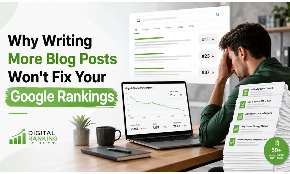 A flat lay of a blank content calendar and flat analytics graph, illustrating why writing more blog posts won't fix Google rankings without a proper strategy.